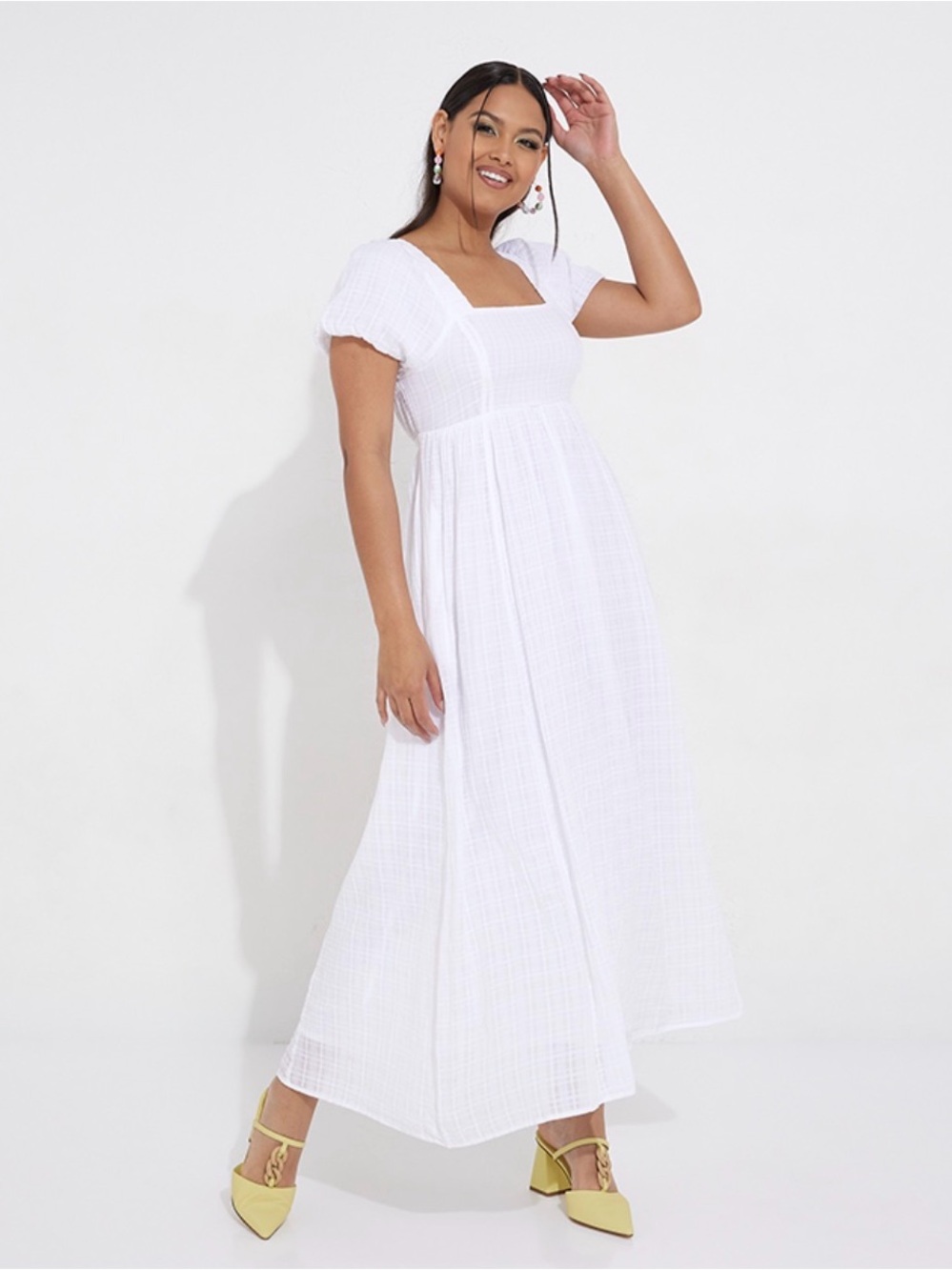 American Eagle Square Neck White Maxi Dress with Puff Sleeves